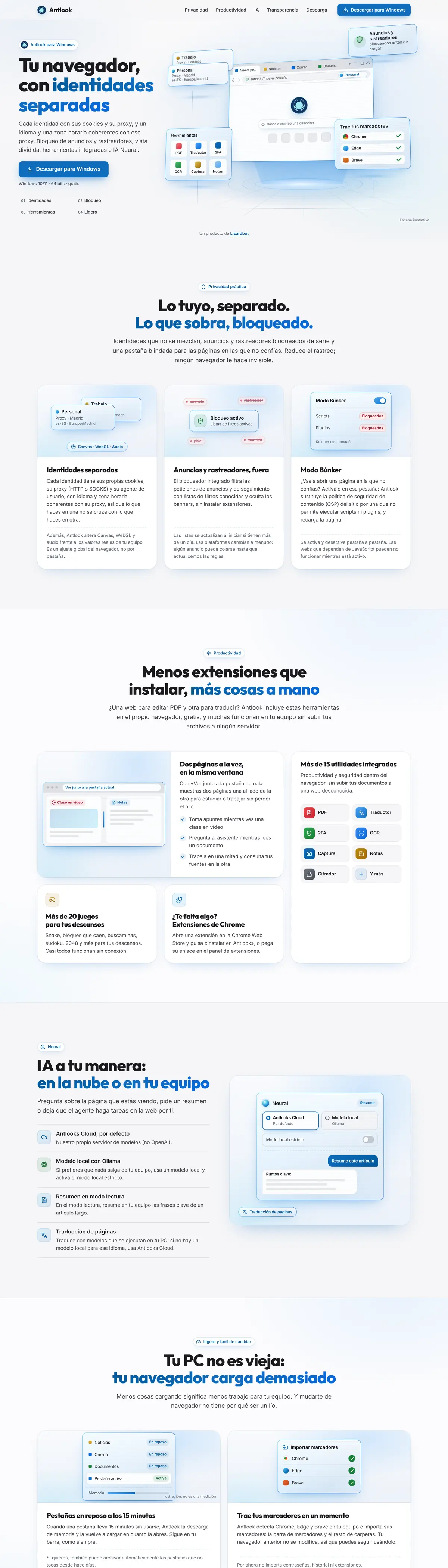 antlook.io home page: a browser with separate identities