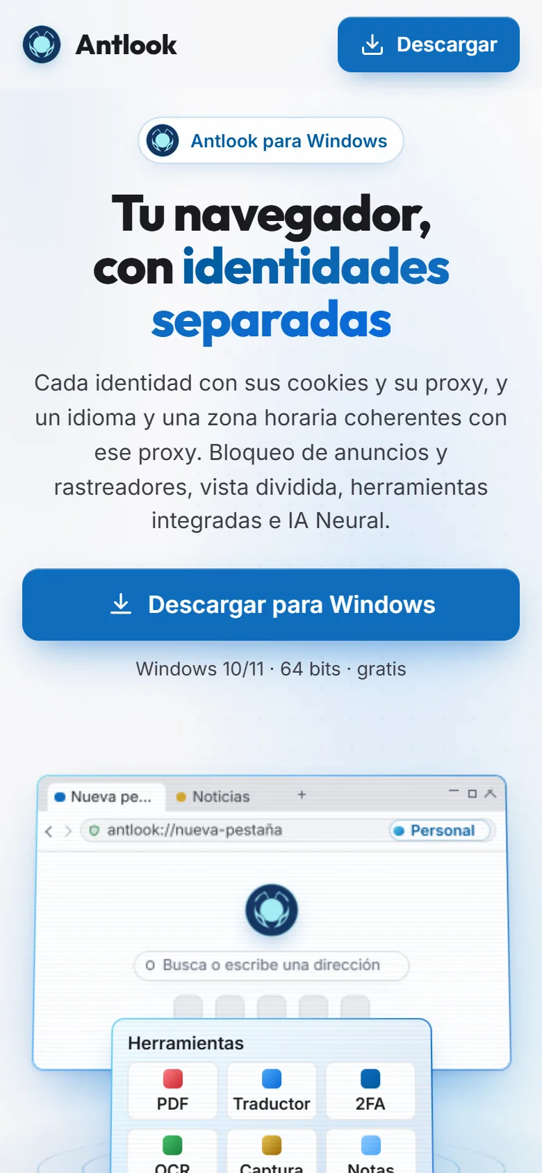 antlook.io home page on a phone