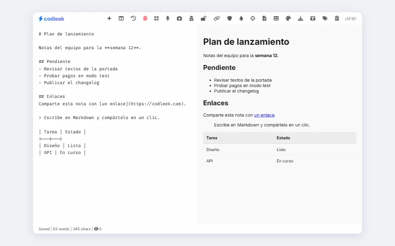Markdown note on codleek.com with the text on the left and the preview on the right