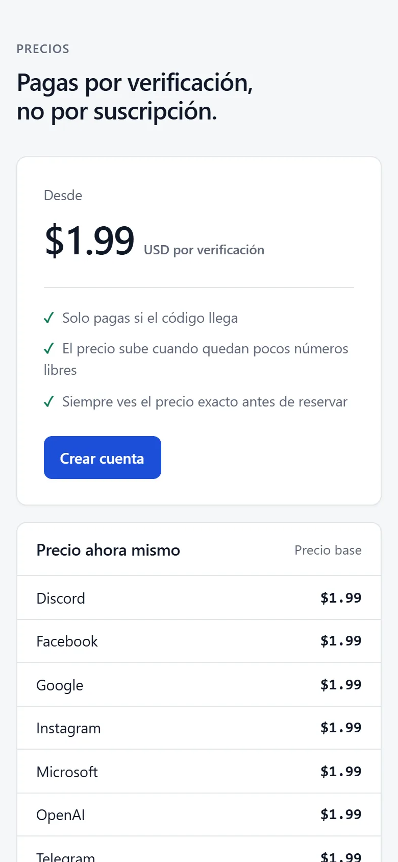 Per-verification pricing on wijonumber.com on a phone